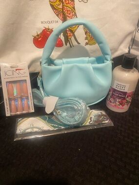 Forever 21  Blue Shoulder Bag w/Removable Strap icing nails, tie  & body lotion